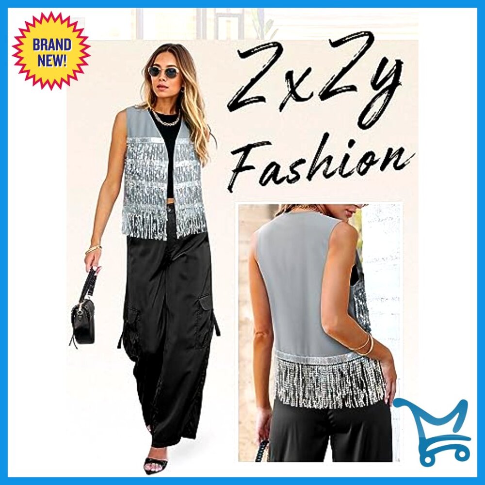 Sequin Fringe Sleeveless Vest Sparkly Lightweight Fitted Jacket Cardigan - Picture 4 of 6